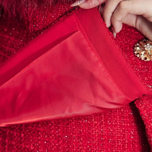 Red Elegant Women's Tweed Fluffy Panel Off Shoulder Jacket - Picture 9 of 9